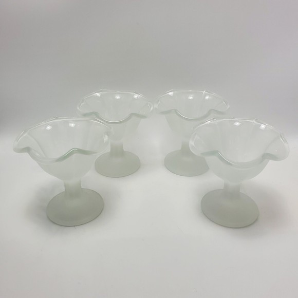 Vintage Pedesta Frosted Tulip Satin Sundae Ice Cream Dessert Glass Dishes 4 Sets - Picture 9 of 12